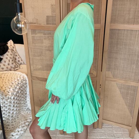 Rhode Ella Green Mini Dress pleated with belt long puffy sleeve size medium - Picture 2 of 8